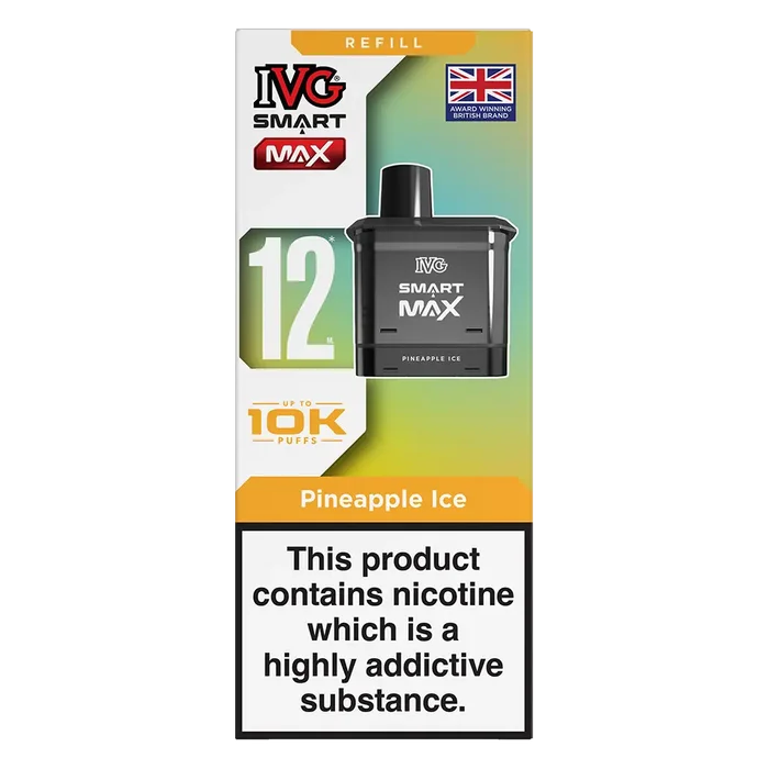 IVG Smart Max 10K Prefilled Pods in Pineapple Ice – replacement prefilled pods with 2ml e-liquid capacity, delivering up to 10,000 puffs in sweet Blue Raspberry Ice flavour.