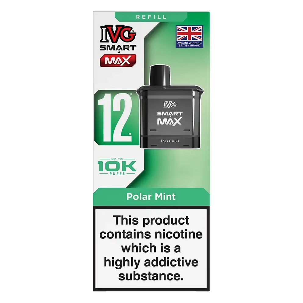 IVG Smart Max 10K Prefilled Pods in polar mint replacement prefilled pods with 2ml e-liquid capacity, delivering up to 10,000 puffs in sweet Blue Raspberry Ice flavour.