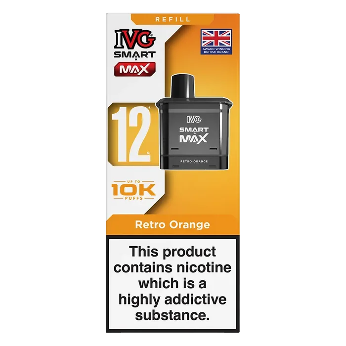 IVG Smart Max 10K Prefilled Pods in Retro Orange – replacement prefilled pods with 2ml e-liquid capacity, delivering up to 10,000 puffs in sweet Blue Raspberry Ice flavour.