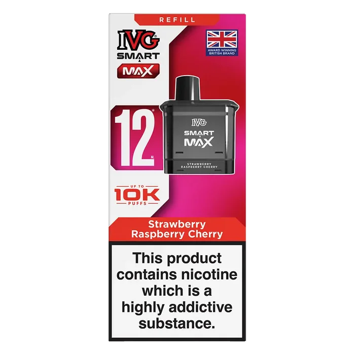IVG Smart Max 10K Prefilled Pods in Strawberry Raspberry Cherry – replacement prefilled pods with 2ml e-liquid capacity, delivering up to 10,000 puffs in sweet Blue Raspberry Ice flavour.