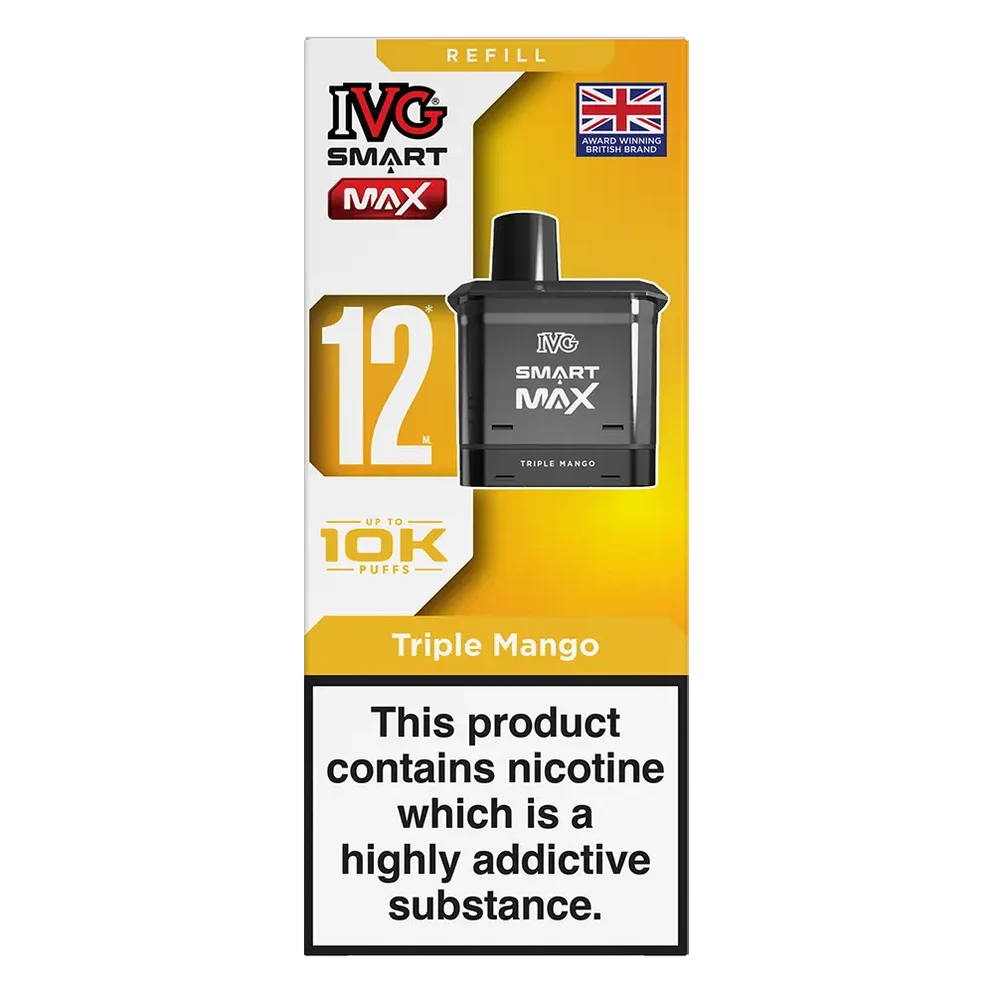 IVG Smart Max 10K Prefilled Pods in triple mango replacement prefilled pods with 2ml e-liquid capacity, delivering up to 10,000 puffs in sweet Blue Raspberry Ice flavour.