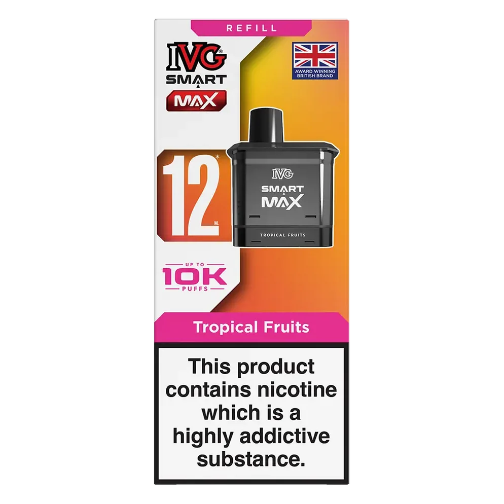 IVG Smart Max 10K Prefilled Pods in tropical fruits replacement prefilled pods with 2ml e-liquid capacity, delivering up to 10,000 puffs in sweet Blue Raspberry Ice flavour.