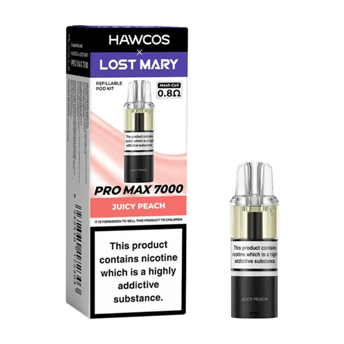 HAWCOS x Lost Mary Pro Max 7000 Juicy Peach prefilled pod kit with high-capacity rechargeable device