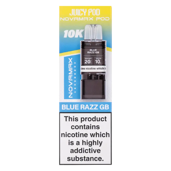 Juicy Pod NovaMax 10K Prefilled Pods in Blue Razz GB flavor – bold vape device with up to 10,000 puffs.