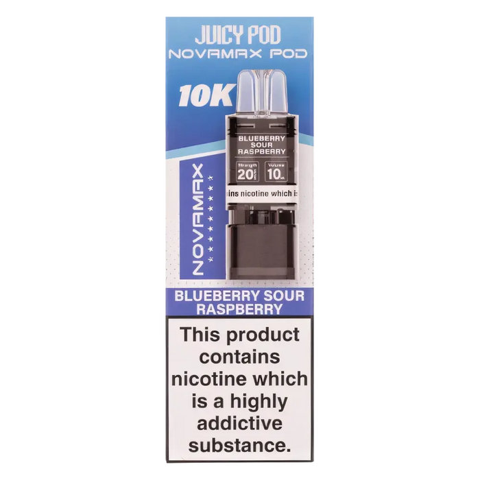 Juicy Pod NovaMax 10K Prefilled Pods in Blue Sour Raspberry flavor – bold vape device with up to 10,000 puffs.