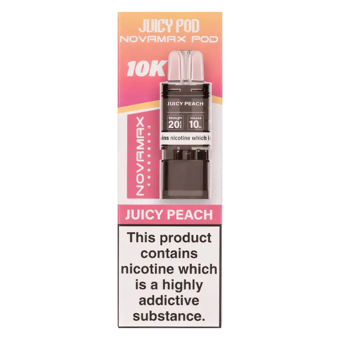 Juicy Pod NovaMax 10K Prefilled Pods in Juicy Peach flavor – bold vape device with up to 10,000 puffs.