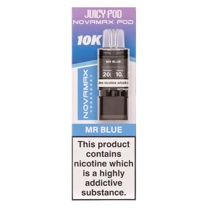 Juicy Pod NovaMax 10K Prefilled Pods in Mr Blue flavor – bold vape device with up to 10,000 puffs.