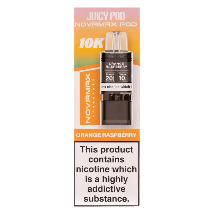 Juicy Pod NovaMax 10K Prefilled Pods in Orange Raspberry flavor – bold vape device with up to 10,000 puffs.