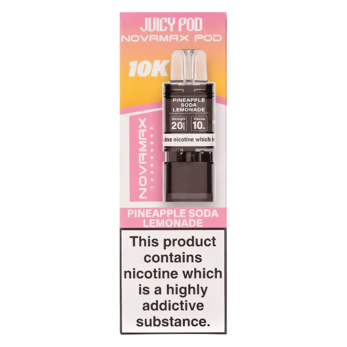 Juicy Pod NovaMax 10K Prefilled Pods in Pineapple Soda Lemonade flavor – bold vape device with up to 10,000 puffs.