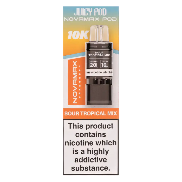 Juicy Pod NovaMax 10K Prefilled Pods in Sour Tropical Mix flavor – bold vape device with up to 10,000 puffs.