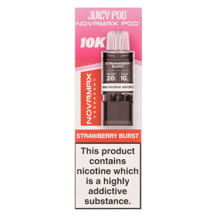 Juicy Pod NovaMax 10K Prefilled Pods in Strawberry Burst flavor – bold vape device with up to 10,000 puffs.