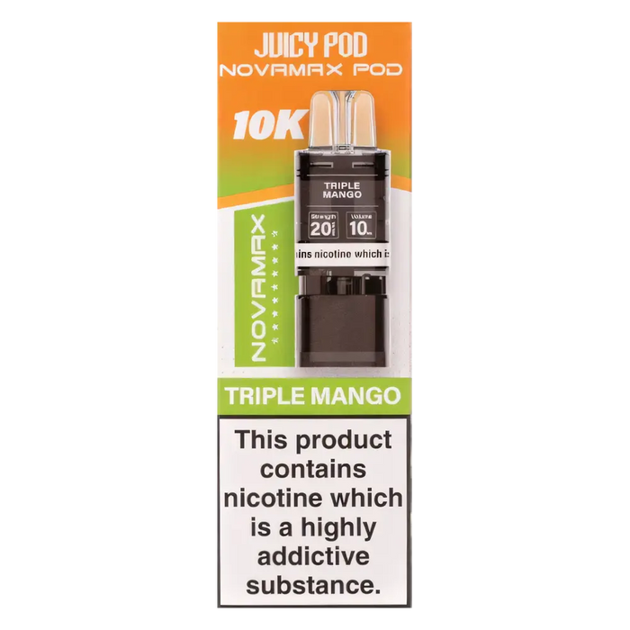 Juicy Pod NovaMax 10K Prefilled Pods in Triple Mango flavor – bold vape device with up to 10,000 puffs.