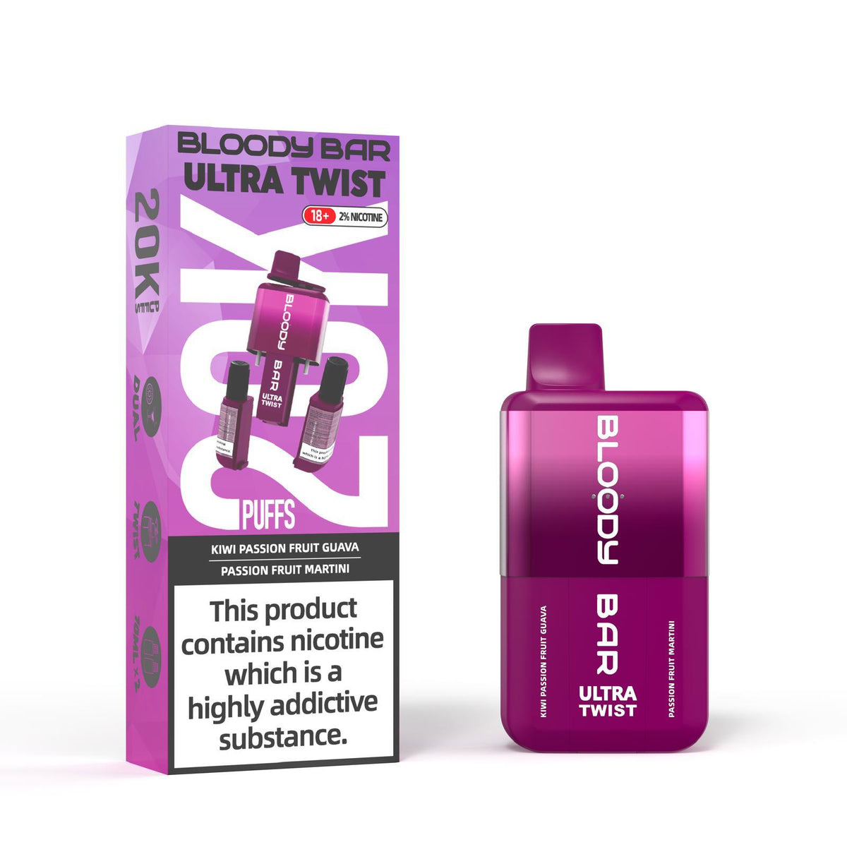 Bloody Bar Ultra Twist Disposable Vape – 20,000 puffs, available in Kiwi Passion Fruit Guava or Passion Fruit Martini flavors.