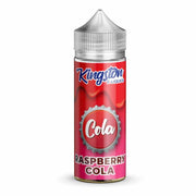 A bottle of Kingston Cola Raspberry e-liquid with a child-safe cap, predominantly red and silver in color with branding and flavor indication.