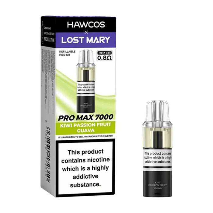 HAWCOS x Lost Mary Pro Max 7000 Kiwi Passion Fruit Guava prefilled pod kit with high-capacity rechargeable device