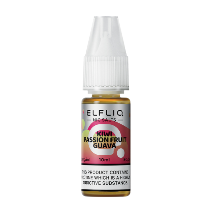 Pack of ten 10ml bottles of Elf Bar Nic Salt E-Liquid in Kiwi Passionfuit Guava flavor, smooth nic salt formulation for a satisfying throat hit, ideal for refillable pod kits, available in 10mg and 20mg strengths.