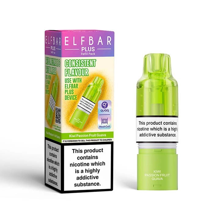 Elf Bar Plus 12 Prefilled Pod & Refill in kiwi passion fruit guava – rechargeable vape with a 2ml prefilled pod, 8ml refill container, and 0.8Ω QUAQ mesh coil.