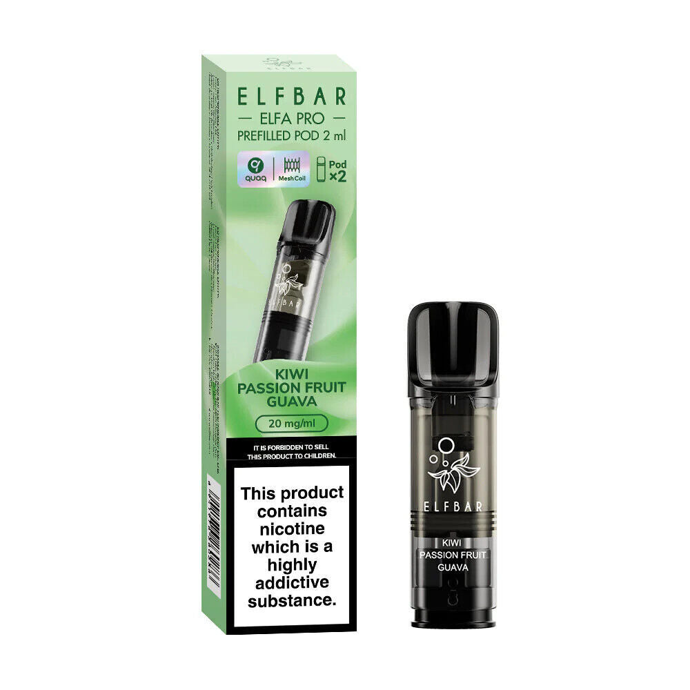 Elf Bar Elfa Pro replaceable prefilled pods in Kiwi Passion Fruit Guava flavor, engineered for consistent vapor production and optimal flavor, compatible with the Elf Bar Elfa Pro device for a satisfying and enjoyable vaping experience.