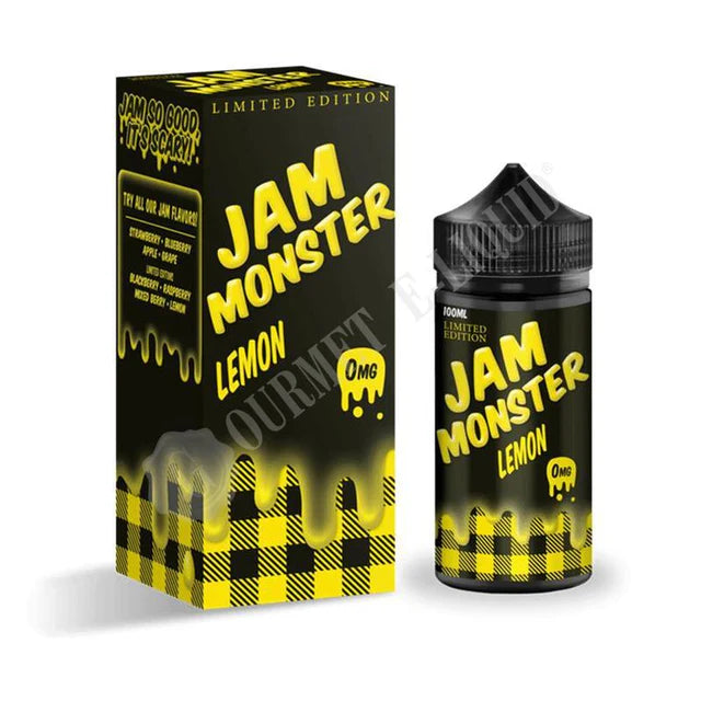 100ml shortfill bottle of Jam Monster E-Liquid in Lemon flavor, crafted with a 75VG/25PG blend for bold flavor and thick clouds, TPD-compliant and nicotine-free with space for nic shots.