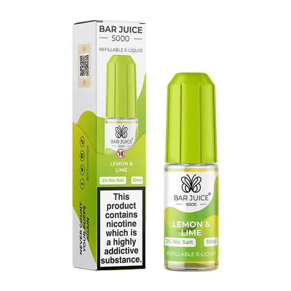 Bar Juice 5000 e-liquid bottle in green, with product packaging that indicates it is a nicotine e-liquid, 10ml size, with a label for 'LEMN & LIME' flavor.