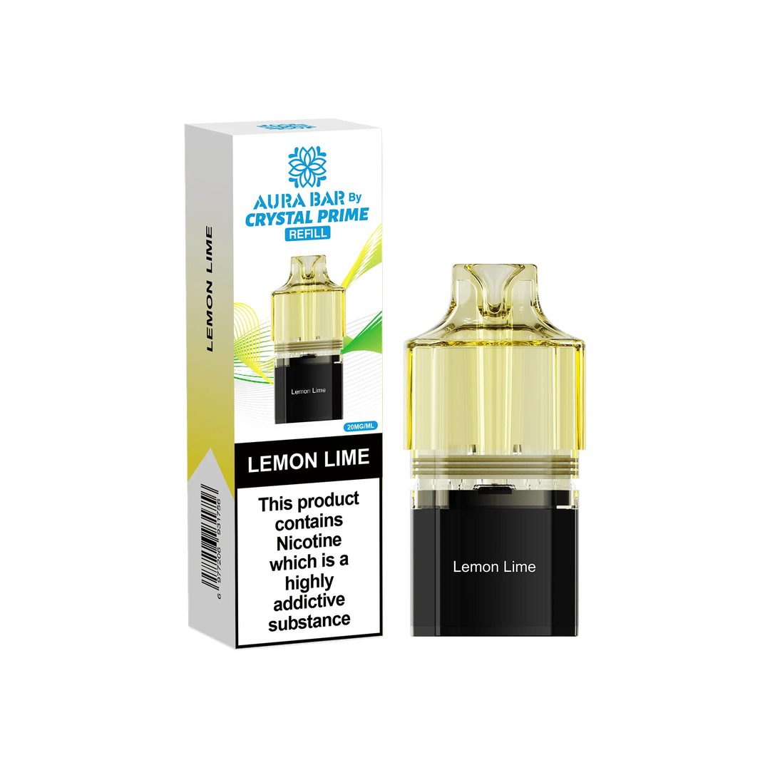 Lemon Lime Aura Bar Crystal Prime 10K Replacement Pods – long-lasting prefilled vape pods with rich flavours and smooth performance