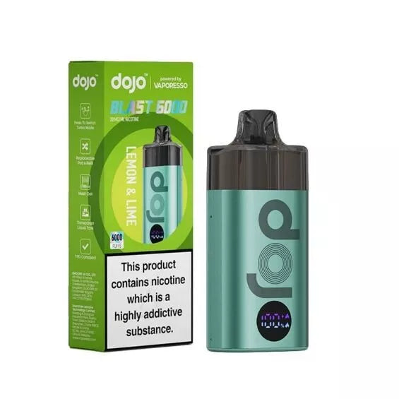 Vaporesso Dojo Blast 6000 puffs vape kit in Lemon Lime, featuring a sleek rechargeable design with 6k BIG Puff capacity, mesh coil technology for enhanced flavor, long-lasting battery, and user-friendly draw activation.