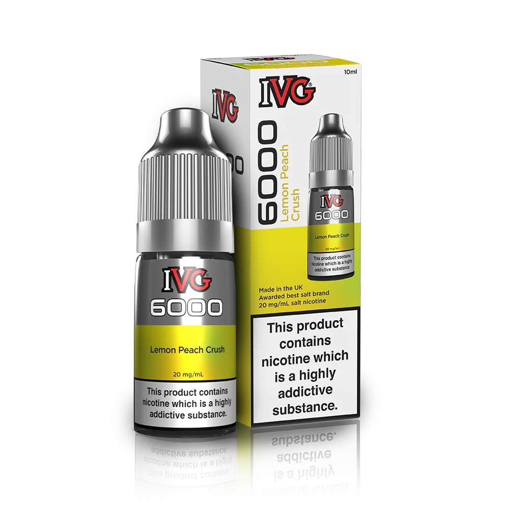 10ml bottle of IVG 6000 Nicotine Salt Vape Juice in Lemon Peach Crush flavor, blending crisp green apple with an icy menthol twist; available in 10mg and 20mg strengths, featuring a smooth nic salt formula perfect for pod kits and mouth-to-lung vaping.