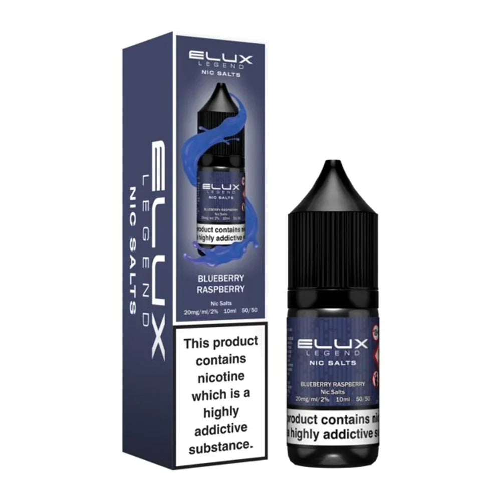 Pack of ten 10ml bottles of Elux Legend Nic Salt E-Liquid in Blueberry Raspberry flavor, 50/50 VG/PG blend for balanced flavor and vapor, available in 10mg and 20mg nicotine strengths, perfect for pod systems.