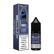 Packaging for Elux Legend Nic Salt E-Liquid featuring a 10x 10ml bottle of Blueberry Raspberry flavor. The box is predominantly black and blue with product information and warning about nicotine content.