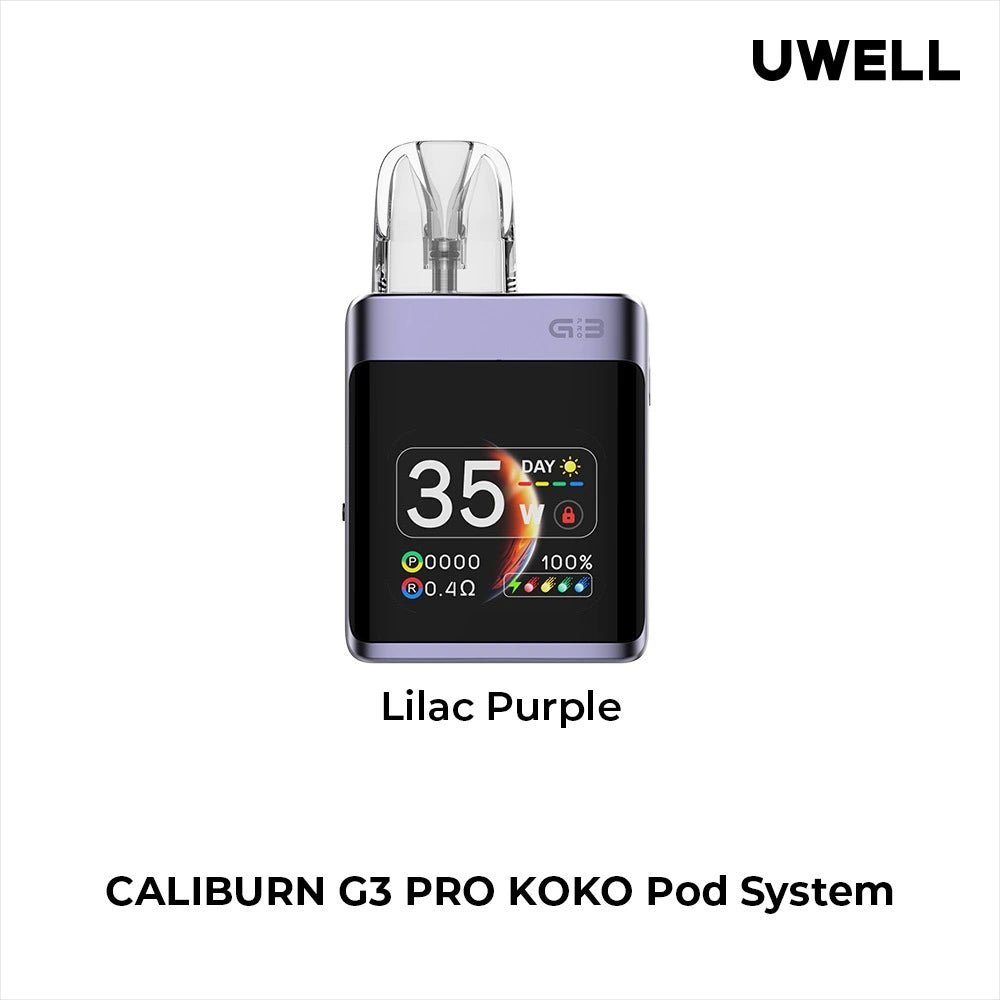 Uwell Caliburn G3 Pro Koko Pod Vape Kit in Lilac Purple – compact square-shaped vape device with a sleek dark finish, OLED display, and customizable vaping features.