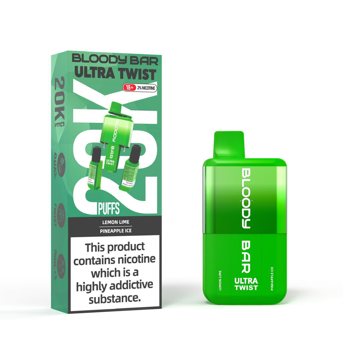 Bloody Bar Ultra Twist Disposable Vape – 20,000 puffs, available in Lemon Lime or Pineapple Ice flavors.