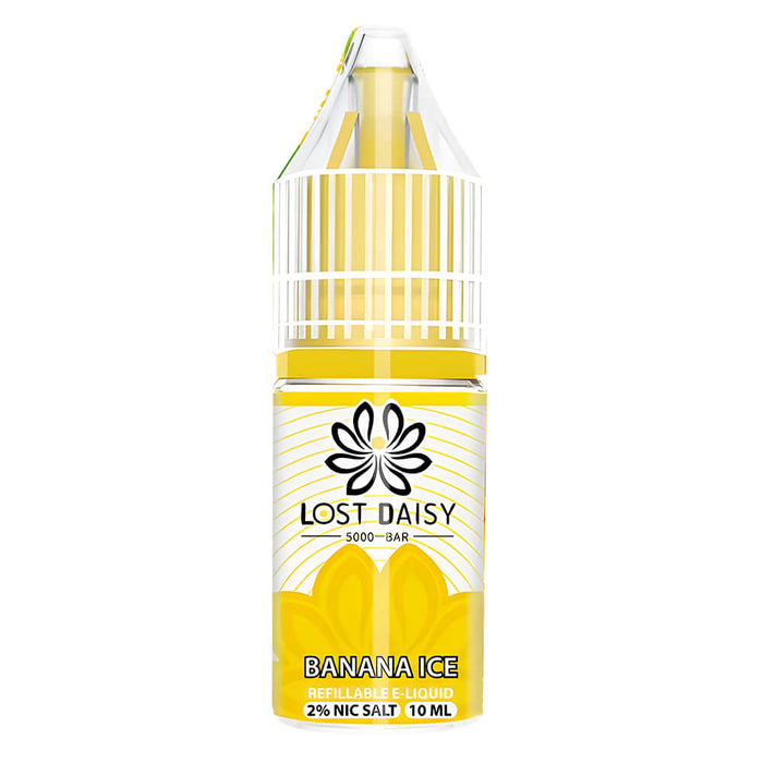10ml bottle of Lost Daisy 5000 Bar Nic Salt E-Liquid in Bnana Ice flavor, smooth nicotine salt formula designed for pod kits and mouth-to-lung vaping.