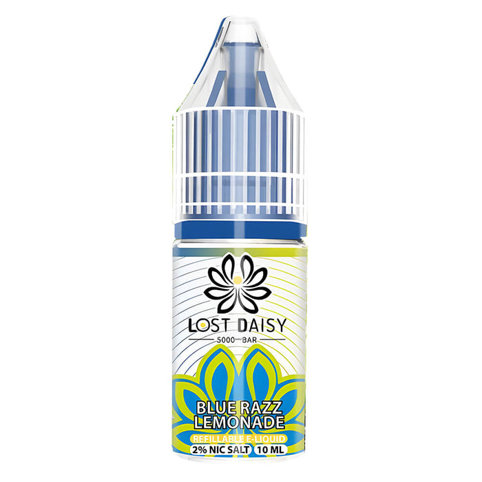 10ml bottle of Lost Daisy 5000 Bar Nic Salt E-Liquid in Blue Razz Lemonade flavor, smooth nicotine salt formula designed for pod kits and mouth-to-lung vaping.