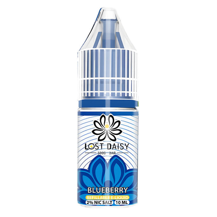 10ml bottle of Lost Daisy 5000 Bar Nic Salt E-Liquid in Blueberry flavor, smooth nicotine salt formula designed for pod kits and mouth-to-lung vaping.