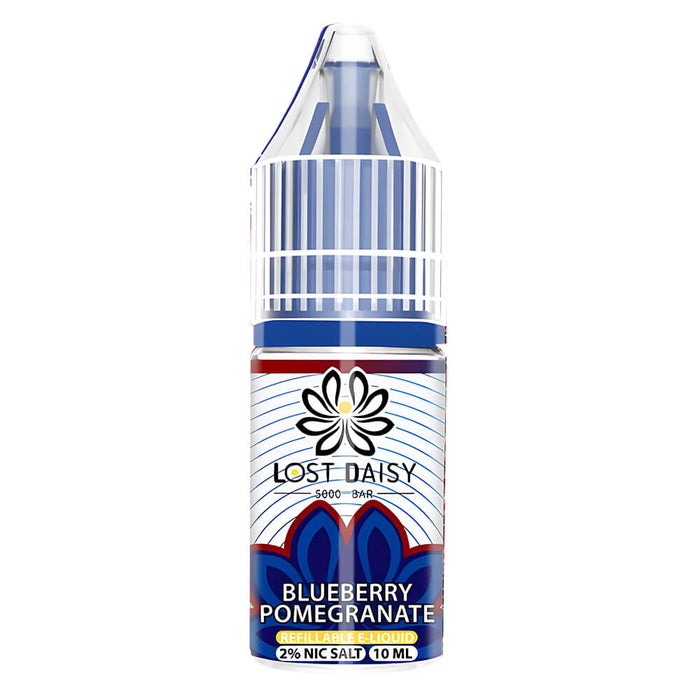 10ml bottle of Lost Daisy 5000 Bar Nic Salt E-Liquid in Blueberry Pomegranate flavor, smooth nicotine salt formula designed for pod kits and mouth-to-lung vaping.