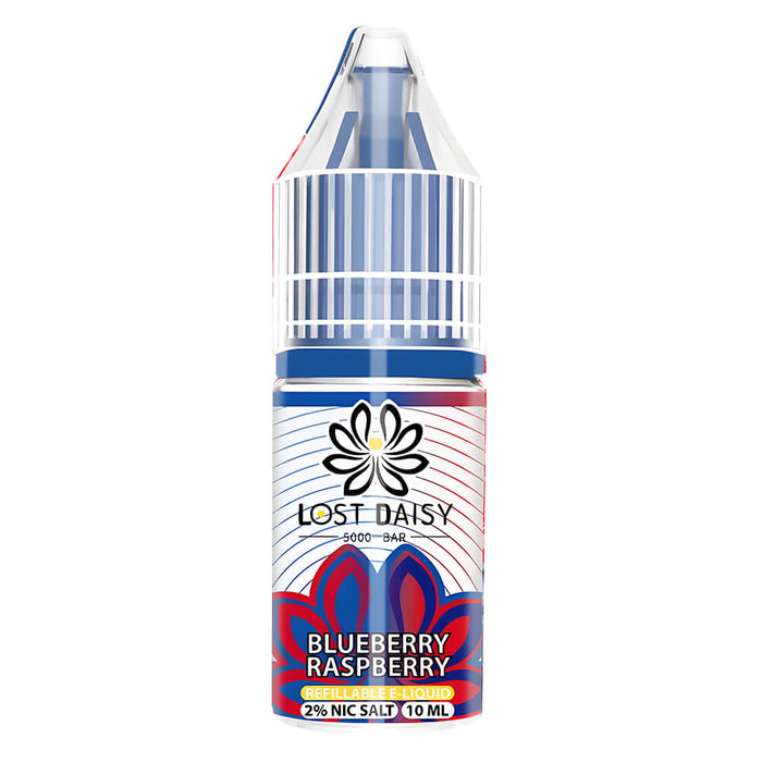 10ml bottle of Lost Daisy 5000 Bar Nic Salt E-Liquid in Blueberry Raspberry flavor, smooth nicotine salt formula designed for pod kits and mouth-to-lung vaping.