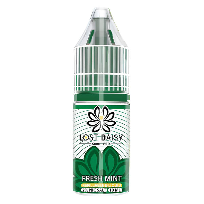 10ml bottle of Lost Daisy 5000 Bar Nic Salt E-Liquid in Fresh Mint flavor, smooth nicotine salt formula designed for pod kits and mouth-to-lung vaping.