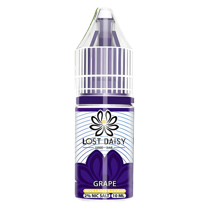 10ml bottle of Lost Daisy 5000 Bar Nic Salt E-Liquid in Grape flavor, smooth nicotine salt formula designed for pod kits and mouth-to-lung vaping.