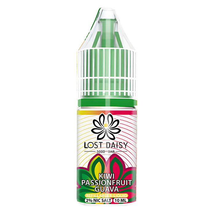 10ml bottle of Lost Daisy 5000 Bar Nic Salt E-Liquid in Kiwi Passionfuit Guava flavor, smooth nicotine salt formula designed for pod kits and mouth-to-lung vaping.