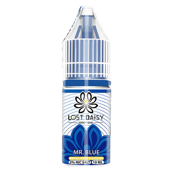 10ml bottle of Lost Daisy 5000 Bar Nic Salt E-Liquid in Mr. Blue flavor, smooth nicotine salt formula designed for pod kits and mouth-to-lung vaping.