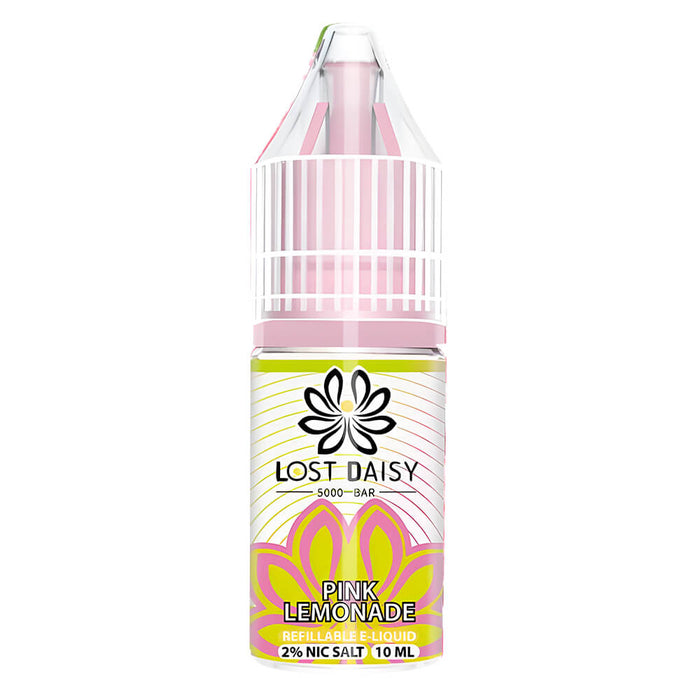 10ml bottle of Lost Daisy 5000 Bar Nic Salt E-Liquid in Pink Lemonade flavor, smooth nicotine salt formula designed for pod kits and mouth-to-lung vaping.