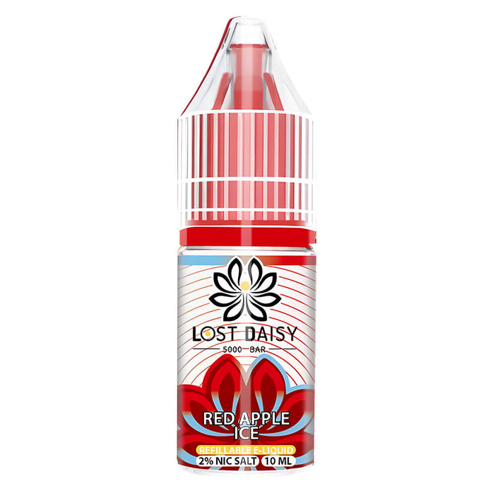 10ml bottle of Lost Daisy 5000 Bar Nic Salt E-Liquid in Red Apple Ice flavor, smooth nicotine salt formula designed for pod kits and mouth-to-lung vaping.