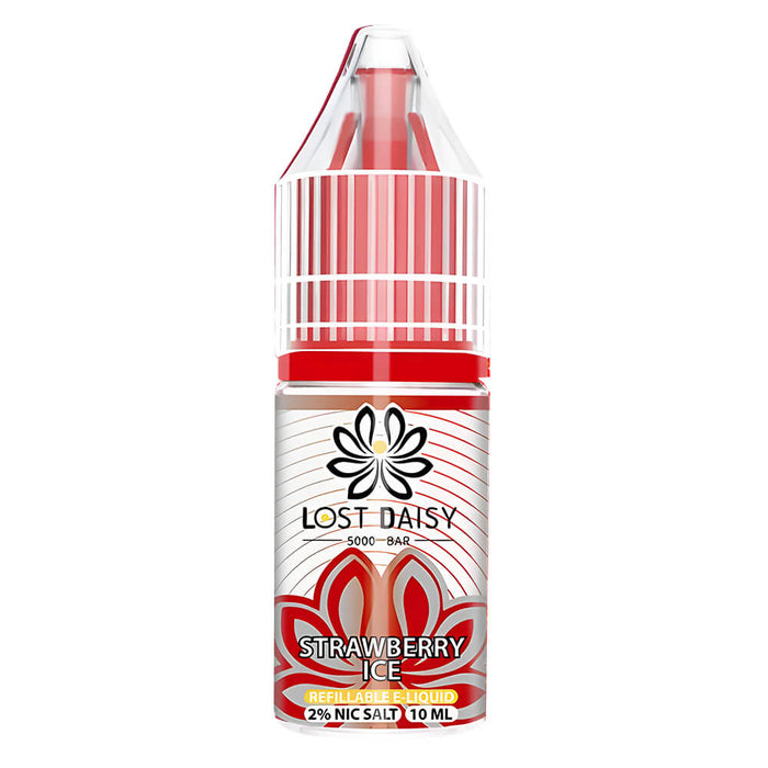 10ml bottle of Lost Daisy 5000 Bar Nic Salt E-Liquid in Strawberry Ice flavor, smooth nicotine salt formula designed for pod kits and mouth-to-lung vaping.
