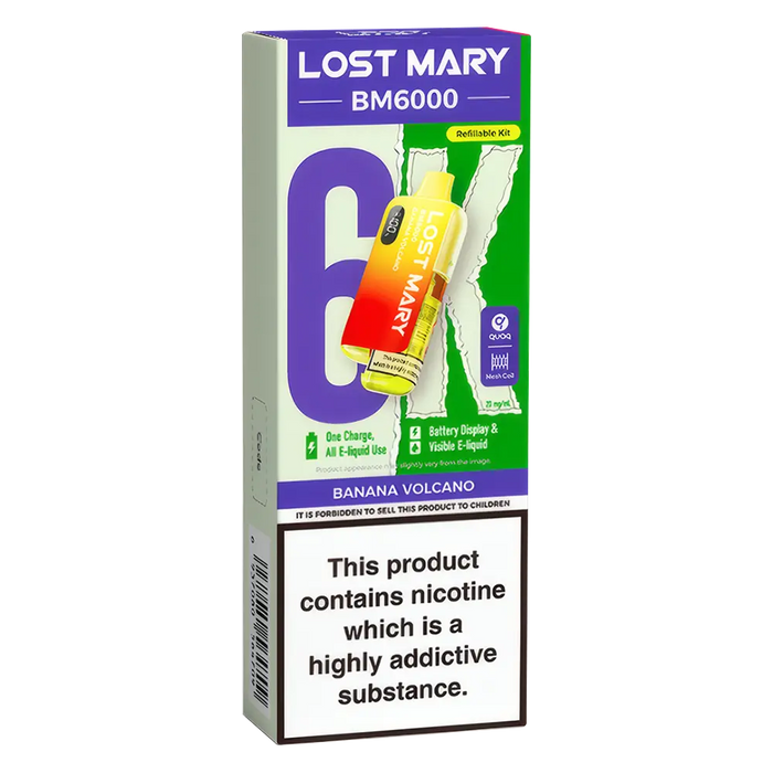 Lost Mary BM6000 Big Puff Kit in Banana Volcano flavor – bold disposable vape with up to 6,000 puffs.