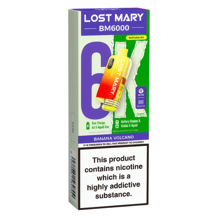 Lost Mary BM6000 Big Puff Kit in Banana-Volcano flavor – bold disposable vape with up to 6,000 puffs.