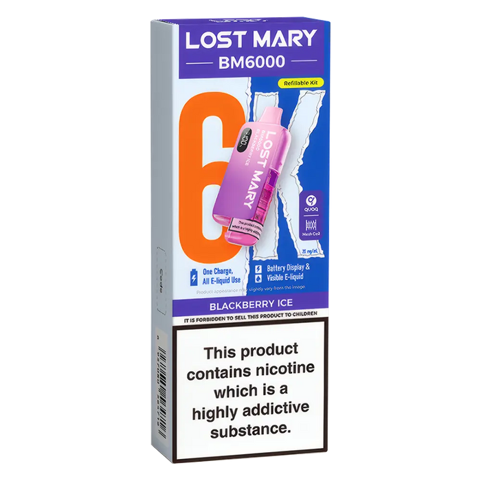 Lost Mary BM6000 Big Puff Kit in Blackberry Ice flavor – bold disposable vape with up to 6,000 puffs.