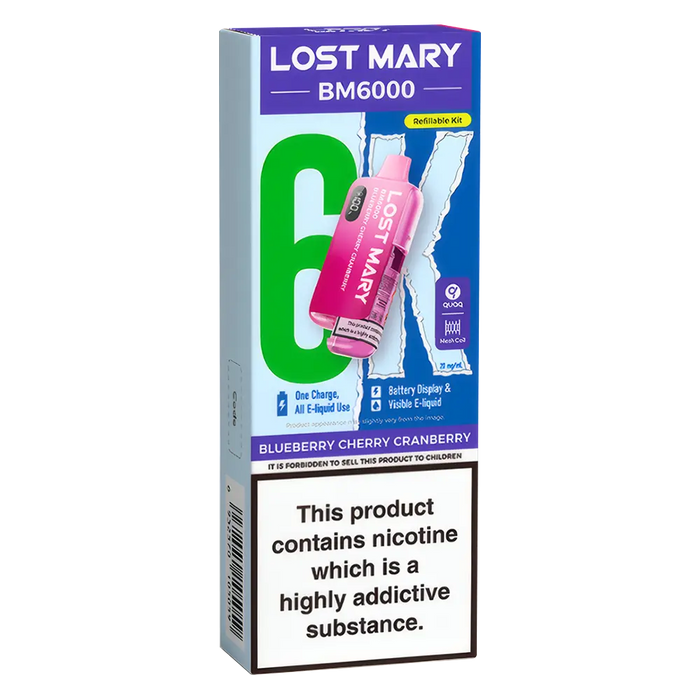 Lost Mary BM6000 Big Puff Kit in Blue Cherry Cranberry flavor – bold disposable vape with up to 6,000 puffs.