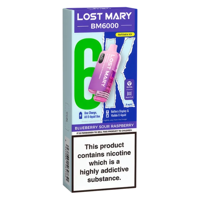 Lost Mary BM6000 Big Puff Kit in Blueberry-Sour-Raspberry flavor – bold disposable vape with up to 6,000 puffs.