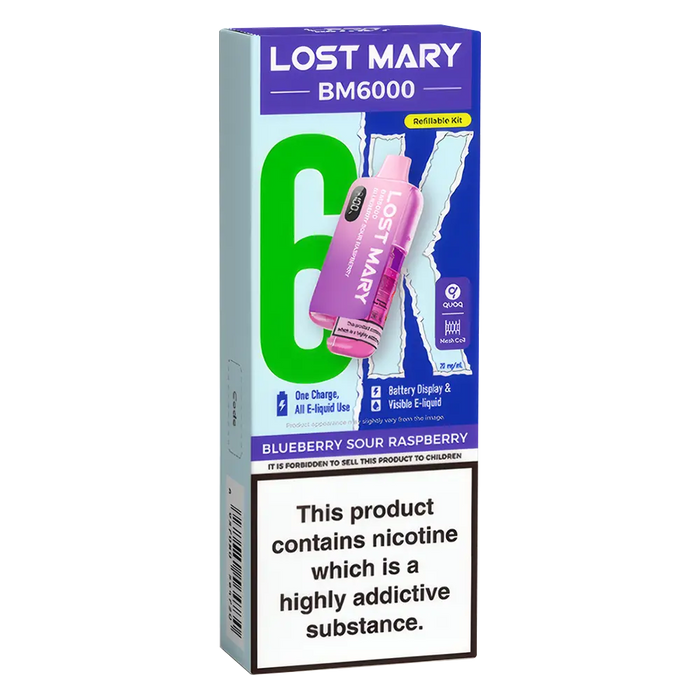 Lost Mary BM6000 Big Puff Kit in Blueberry Sour Raspberry flavor – bold disposable vape with up to 6,000 puffs.