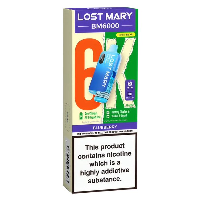 Lost Mary BM6000 Big Puff Kit in Blueberry flavor – bold disposable vape with up to 6,000 puffs.